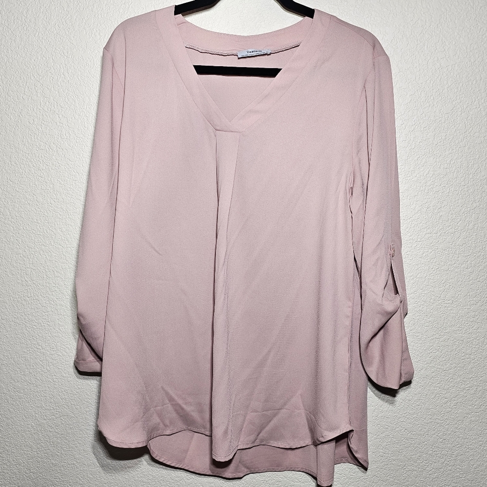 Youtali Dusty Rose XL V-Neck Blouse with Roll Tab Sleeves